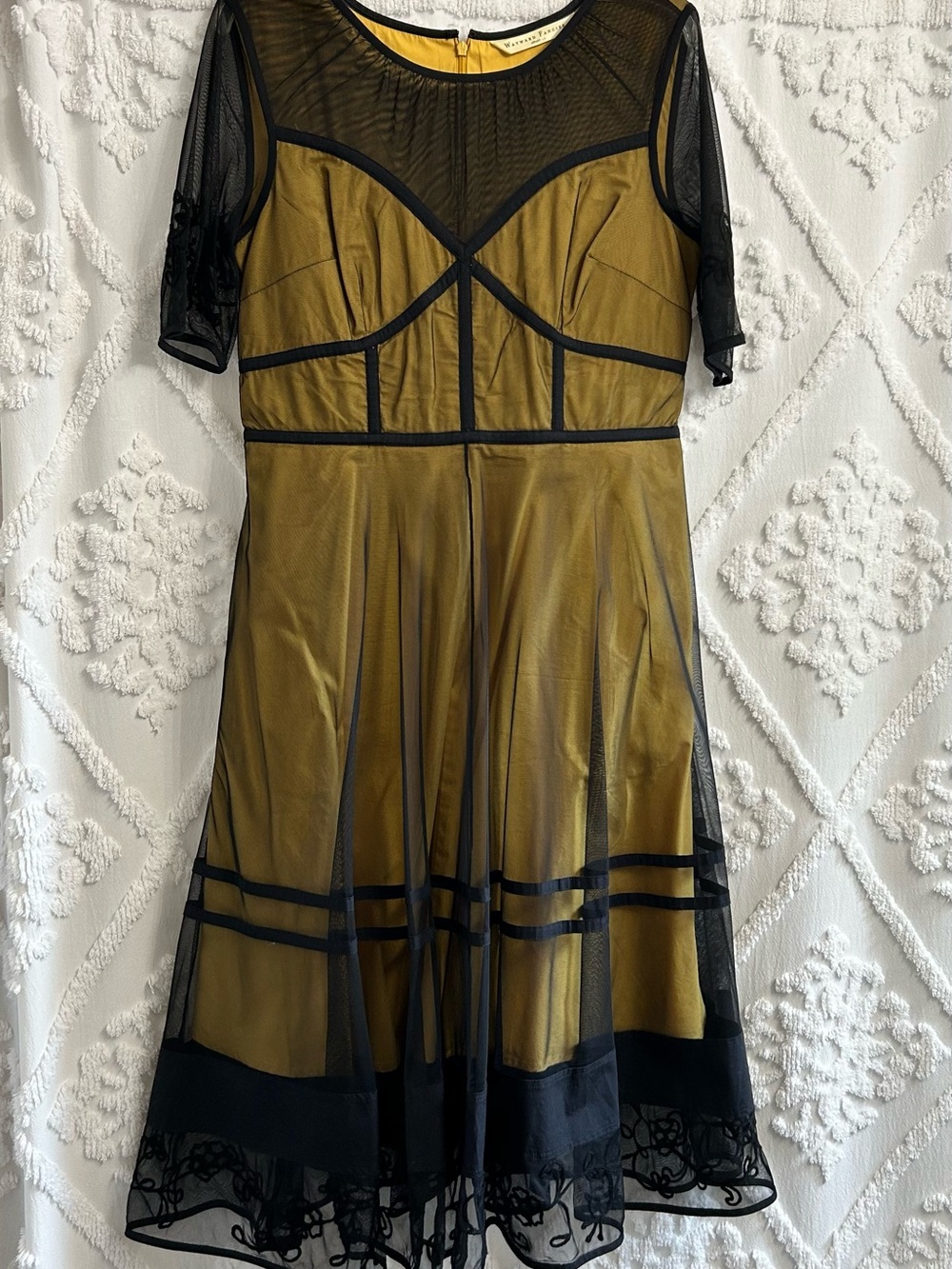 Black-Trim Overlay Mesh Fit & Flare Dress